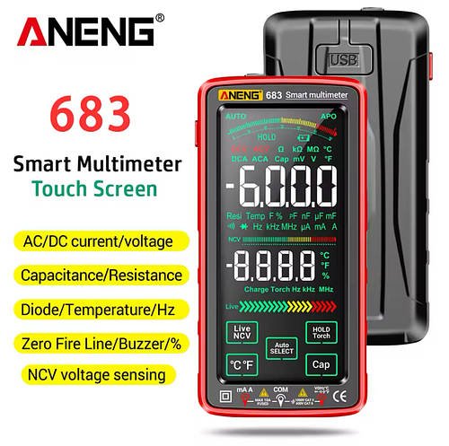 Мультиметр ANENG 683 Red сенсорний, з інтегрованим акумулятором, AC/DC, 10A/1000V с NCV і TrueRMS, на 6000 відліків