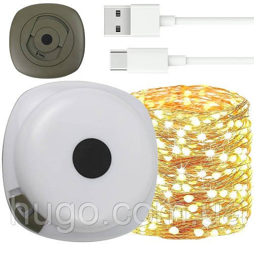 Акумуляторна гірлянда з ліхтариком 10м, USB, Тепле біле світло / Кемпінговий світильник