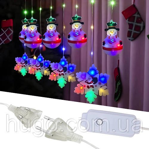 Гірлянда-завіса Сніжинки та Сніговики 220 В (3х0,7 м) 90 LED, XMAS, Різнобарвна/ Новорічна гірлянда з