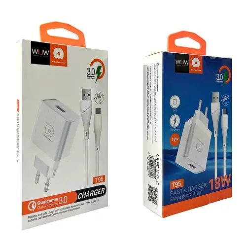 Зарядний пристрій WUW T95 220В 18Вт QC3.0 з USB і Type-C кабелем для швидкої зарядки телефонів та планшетів