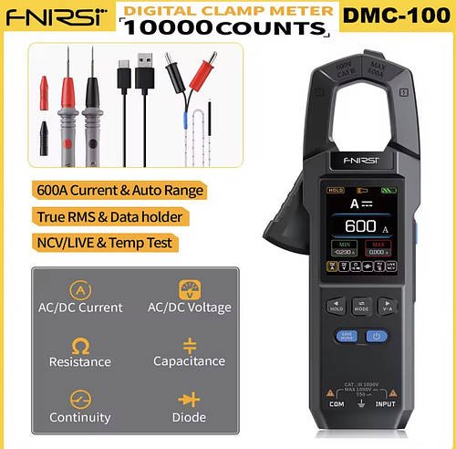 Цифрові кліщі-мультиметр FNIRSI DMC-100, AC/DC, 600A/600V с NCV і TrueRMS, на 10000 відліків