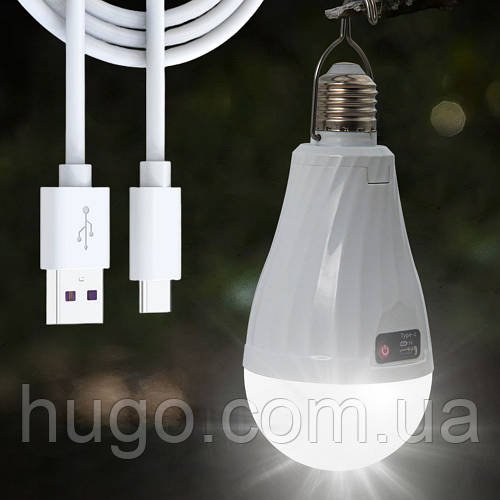 Акумуляторний світильник з гаком 30Вт, Е27 + 2 акумулятора, USB / Лампочка з акумулятором / Кемпінгова лампа