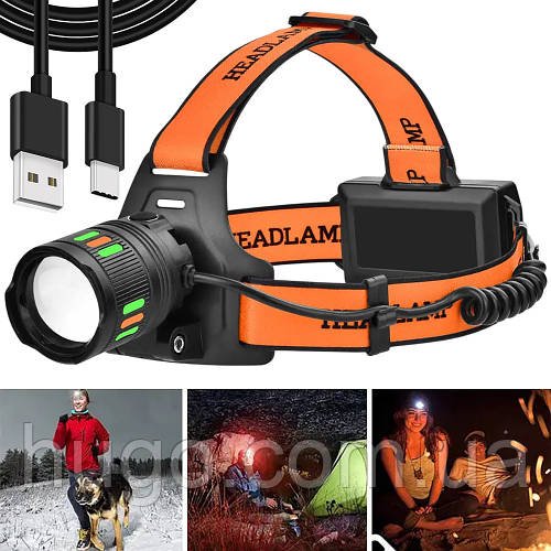 Акумуляторний ліхтар налобний COB 2x18650 USB BL 203-TG / Ліхтар на голову / Ліхтарик на лоб