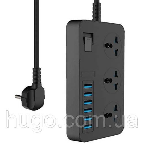 Мережевий фільтр 2м, 3кВт, 9 портів (3 розетки + 6 USB), AR CP02 / Подовжувач з usb / Подовжувач переноска електрична