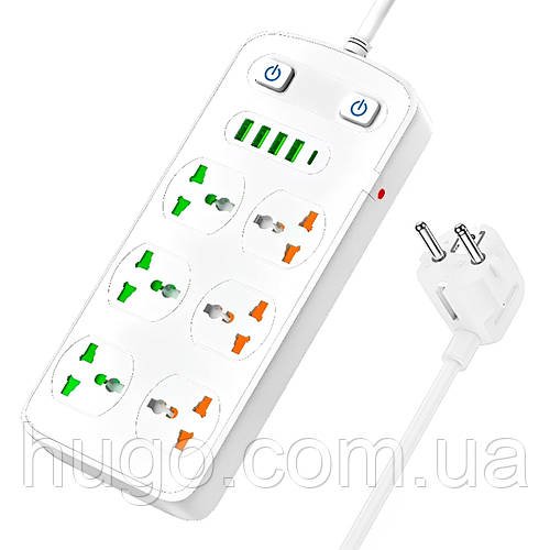 Мережевий фільтр 2м, 2500Вт, 6 розеток + 4USB + Type-C, AR CP05 / Подовжувач з вимикачем / Перенесення з юсб