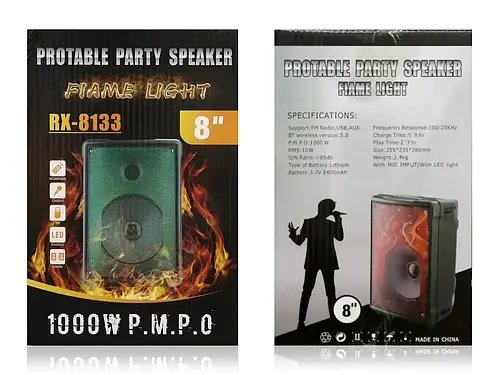 Портативна Bluetooth колонка RX-8133 з LED підсвічуванням, FM, USB, TF, TWS, мікрофоном, 8" динамік, 30Вт, до 10г