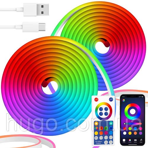 Комплект RGB неонових стрічок 2x5м з Bluetooth та USB живленням. / Світлодіодне підсвічування в кімнату / Гнучкий неон