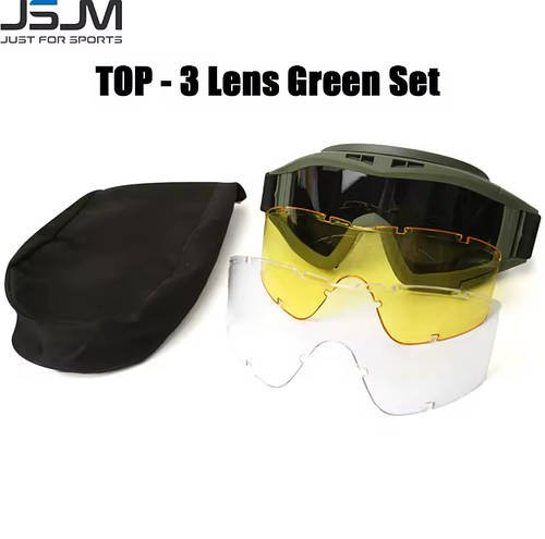 # Тактичні окуляри-маска JSJM ArmyGreen із трьома змінними лінзами: жовті, темно-коричневі, прозорі (3в1)
