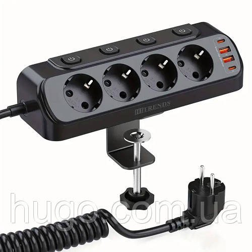 Мережевий подовжувач на 4 гнізда 20 Вт, (2хUSB-A, 2хType-C) / Електрична переноска з тримачем для столу