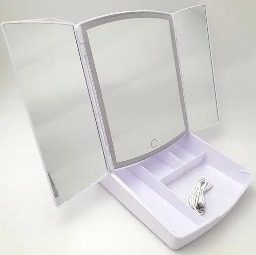 Дзеркало косметичне потрійне з регульованою LED-підсвіткою й органайзером від батарейок або USB 26х40 см YU227