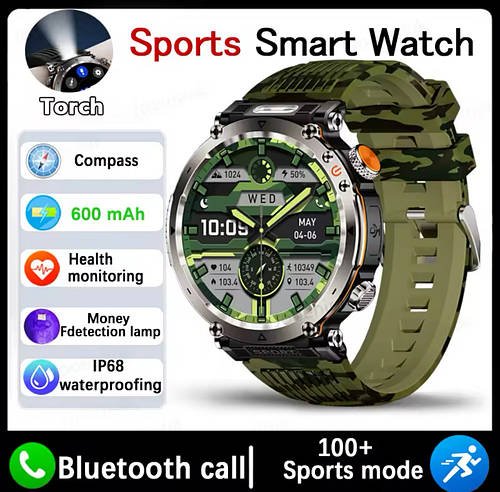 Тактичний смарт-годинник KULANNDER HT30 CamoGreen з циферблатом 1,70" з ліхтариком і GPS трекером