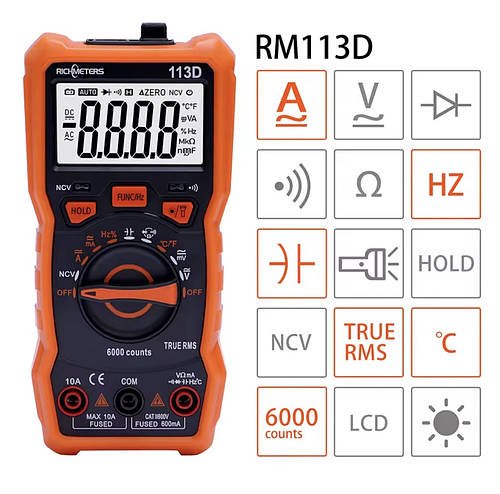 Мультиметр RICHMETERS RM113D, AC/DC, 10A/600V с NCV і TrueRMS, на 6000 відліків