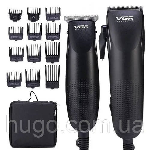 Набір для стрижки волосся (2 машинки) + 12 насадок, від мережі, VGR V-023 / Дротова машинка та тример для стрижки