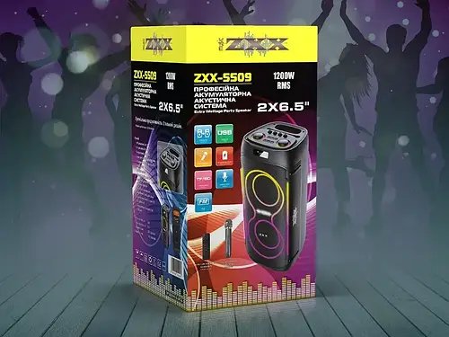 Акустична переносна колонка ZXX-5509 1200Вт 2x6,5" 265х265х620мм TWS/FM/USB/TF/BT/LED/REC/ДК/MIC