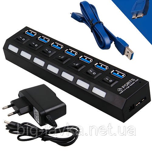 USB 3.0 хаб на 7 портів з кнопками та блоком живлення  Чорний