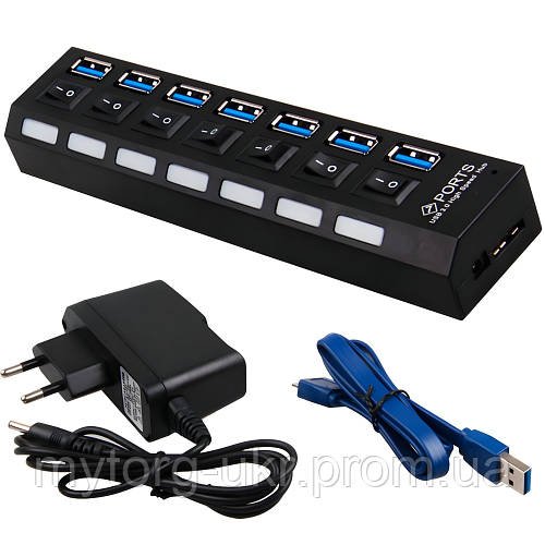 USB 3.0 хаб на 7 портів з кнопками та блоком живлення  Чорний
