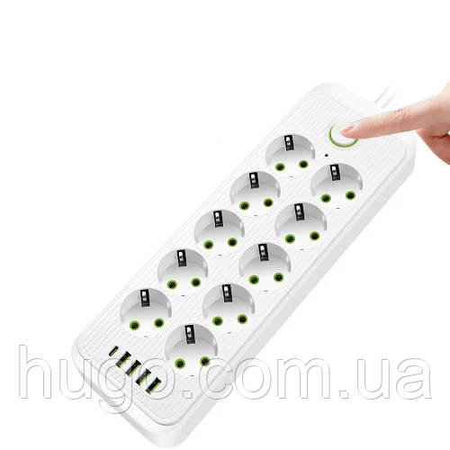 Мережевий фільтр-подовжувач 5м, 10 розеток 220В + 4 USB + 1 Type-C, Тк-15, Білий / Подовжувач з вимикачем / Мережевий фільтр