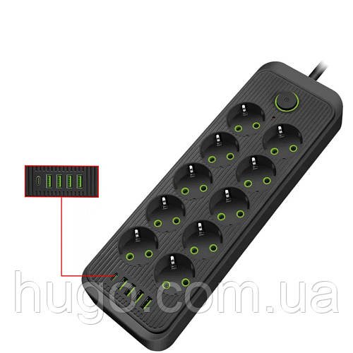 Мережевий фільтр-подовжувач 5м, 10 розеток 220В + 4 USB + Type-C, Тк-16, Чорний / Подовжувач з вимикачем / Мережевий фільтр
