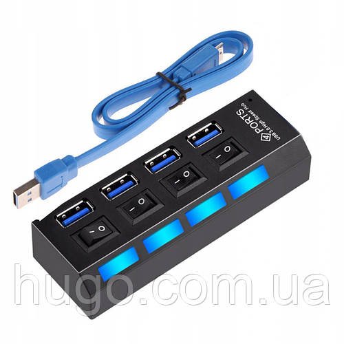 USB Хаб розгалужувач на 4 порти, чорний / Перехідник USB 3.0, 220V / Хаб для ноутбука