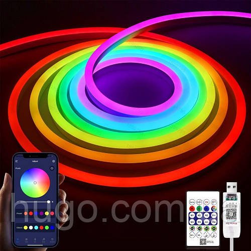 Неонова LED стрічка RGB 10м з пультом та Bluetooth / Світлодіодне RGB підсвічування / RGB стрічка силіконова
