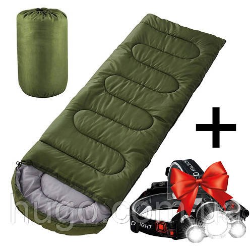 Спальний мішок до -15°C, 210х72 см + Ліхтарик налобний RJ-3000 / Весняний спальний мішок / Спальник