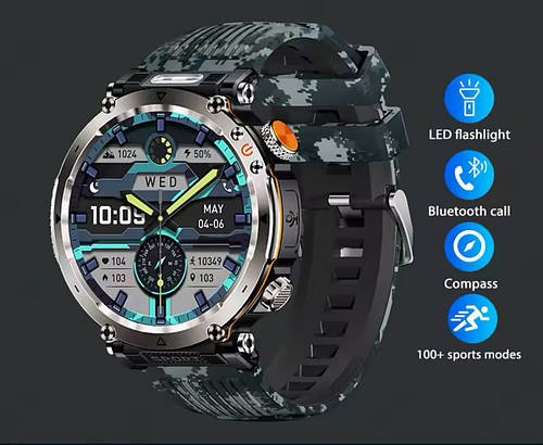 Тактичний смарт-годинник KULANNDER HT30 CamoUrban з циферблатом 1,70" з ліхтариком і GPS трекером