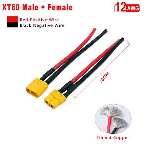 Роз'єм-подовжувач XT60 (пара: female+male) із силіконовим дротом 12AWG, 10 см (кожен)