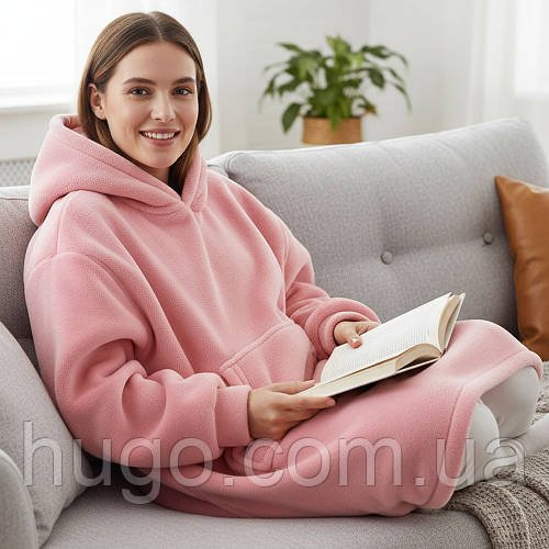Оверсайз плед-халат з капюшоном 100х80см, Huggle Hoodie, Рожевий / Толстовка худі для дому / Плед з рукавами