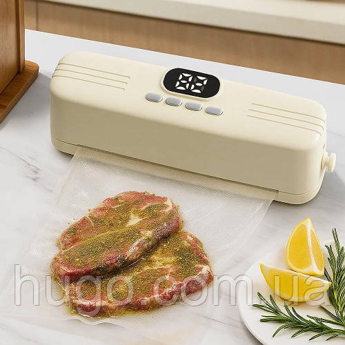 Акумуляторний вакууматор для їжі + пакети, від USB, Бежевий / Вакуумний пакувальник для продуктів / Кухонний вакууматор