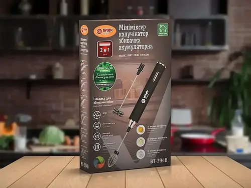 Мініміксер-капучинатор BITEK BT-394B 20Вт, 1600мА·год, 3 швидкості, USB зарядка, нержавіюча сталь, компактний для молока та напоїв