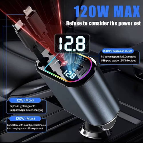 Автомобільний зарядний пристрій Starry Roof Li 120 W з вольтметром, для гаджетів від прикурювача автомобіля 4 в 1