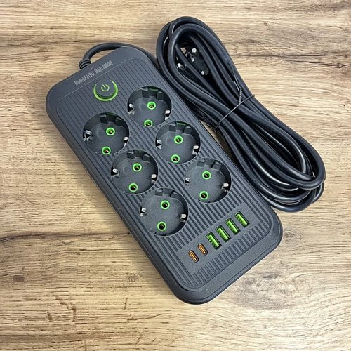 Подовжувач із 6 розетками 4 USB-A 2 USB-C портами 2500 W 5 метрів HP227