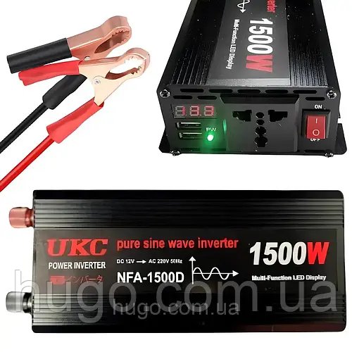 Автомобільний інвертор 1500Вт, 12-220В, 2хUSB, чистий синус / Перетворювач напруги / Інвертор для котла