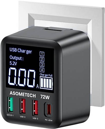Зарядний пристрій ASOMETECH WLX-A9T 72Wmax GAN (PPS, PD3.0, QC4+) порти TypeC + 3USB Black