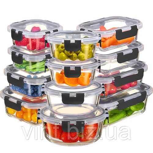 Набір скляних харчових контейнерів 12 шт — круглі та прямокутні з герметичними кришками