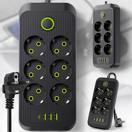 Мережевий подовжувач із 6 розетками й USB-A/C портами 3 метри 2500W Чорний