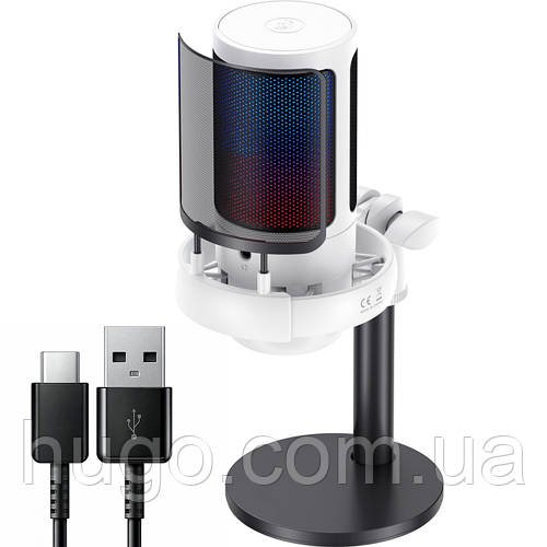 Мікрофон ігровий USB зі штативом, білий / Конденсаторний мікрофон для комп'ютера / Настільний мікрофон
