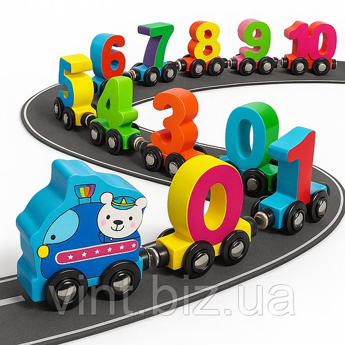 Розвивальний дерев’яний поїзд‑сортер із магнітами та цифрами