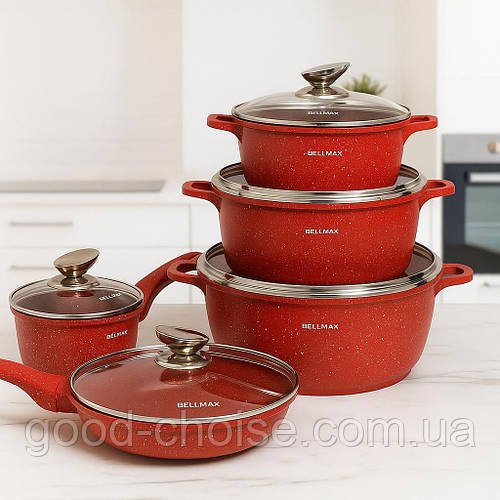 Набір каструль із сковородкою 12 предметів, Bellmax Cookware Set BM-100, Червоний / Каструлі кухонні / Набір посуду