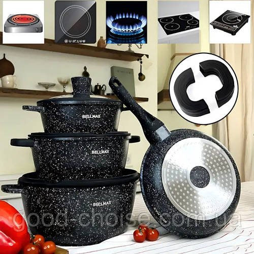 Набір каструль із скороводкою 9 предметів, Bellmax Cookware Set BM-120, Чорний / Набір посуду / Каструлі