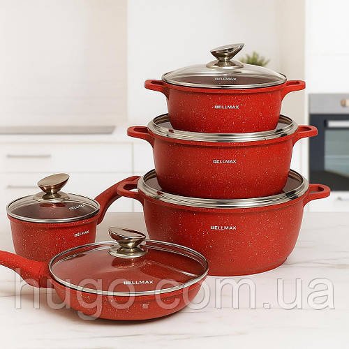 Набір каструль із сковородкою 12 предметів, Bellmax Cookware Set BM-100, Червоний / Каструлі кухонні / Набір посуду