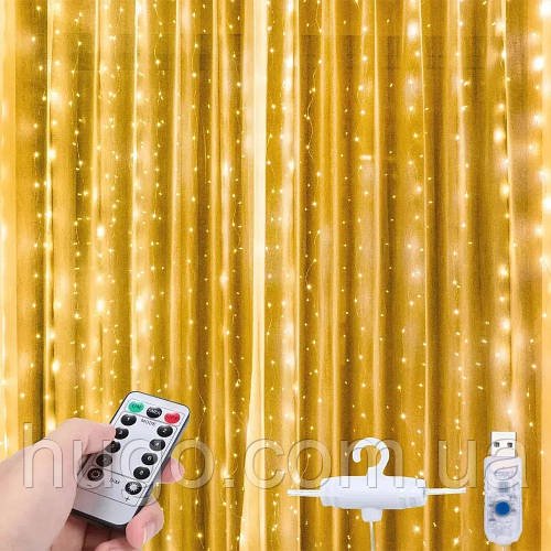Гірлянда штора, від USB, 2х2м, з пультом, 200LED, Теплий білий / Світлодіодна гірлянда на вікно / Новорічна гірлянда
