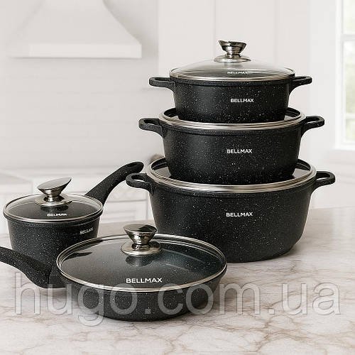 Набір каструль із сковородкою 12 предметів, Bellmax Cookware Set BM-100, Чорний / Каструлі кухонні / Набір посуду