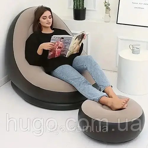 Надувний диван з пуфом та насосом, 116х88х83см, Air Sofa, Бежевий / Кріслом з пуфом / Надувний диван-ліжко