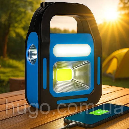 Ліхтар акумуляторний COB + LED на сонячній батареї HB-9708, Синій / Кемпінговий ліхтар ручний / Світлодіодний ліхтар-прожектор
