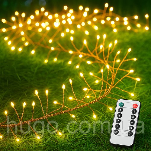 Світлодіодна гірлянда-салют 10м (300 LED), мережева, з ДУ, тепле світло / Світлодіодна гірлянда на ялинку