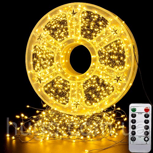 Гірлянда-нитка "Роса" 1500 LED, 50 м, білий теплий, зелений кабель, живлення від мережі, з пультом / Світлодіодна гірлянда нитка