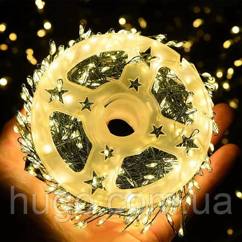 Гірлянда-нитка 900 LED, 30 м, Теплий білий, зелений кабель, з пультом, живлення від мережі / Світлодіодна гірлянда / Гірлянда