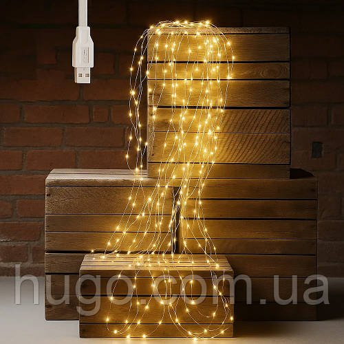 Світлодіодна гірлянда Кінський хвіст, USB, 400 LED, 2 метри, 20 ниток, тепле світло / Новорічна гірлянда на ялинку