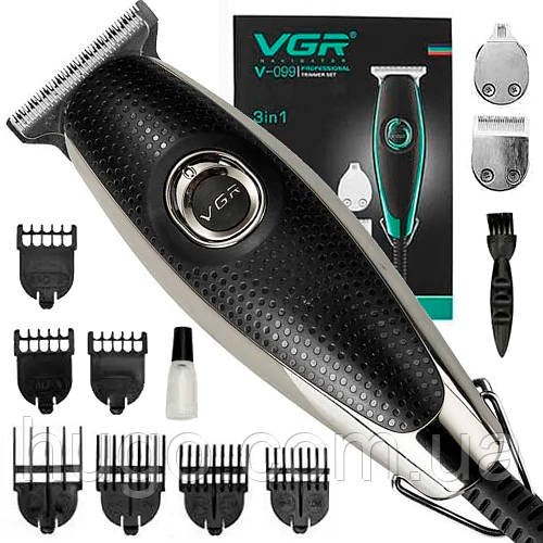 Професійний мережевий тример VGR V-099 з комплектом з 7 змінних насадок / Тример для стрижки бороди та вусів / Чоловічий тример